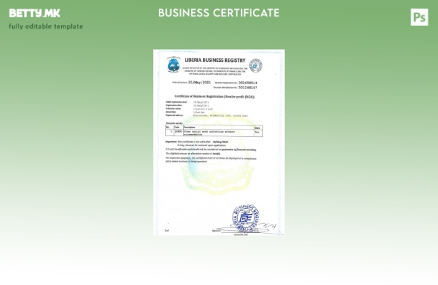 Шаблон за сертификат за регистрација на бизнис во Либерија во модерен стил